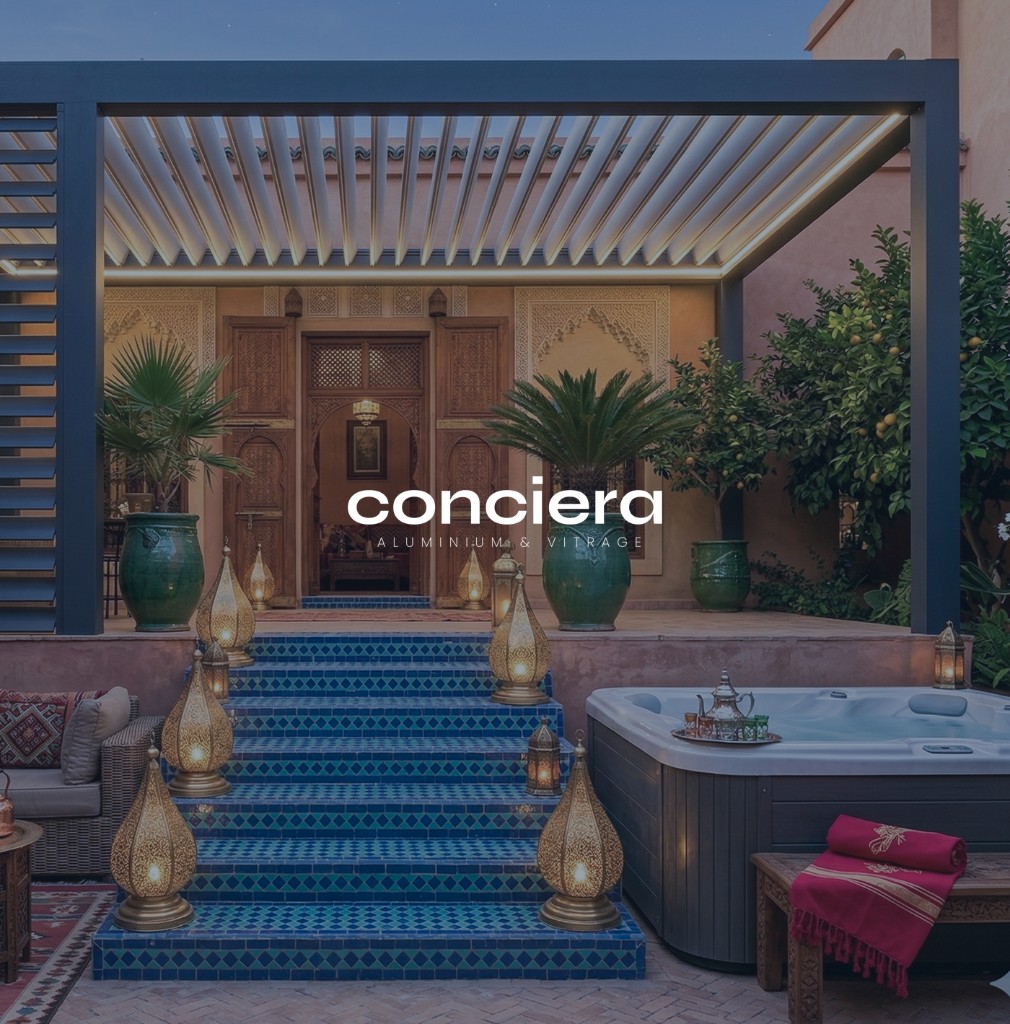 Pergola bioclimatique pour riad marocain avec éclairage LED